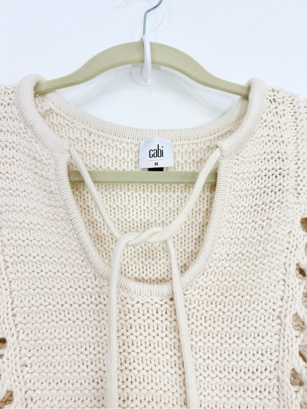 Cabi 6596 SANDBAR Pullover Cream Open Knit Slouchy Tie Front Sweater - Picture 9 of 15
